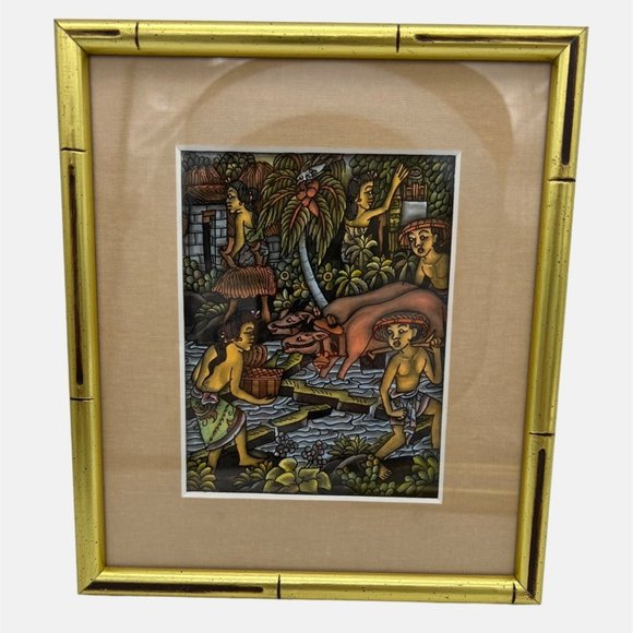Pair of Bali Framed & Matted Prints River Scene Balinese Women Working 9" x 7.5" - Picture 3 of 6